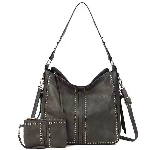 Women's Retro Punk Rivet Tote Bag w/ Wallet – Large Capacity Shoulder Handbag