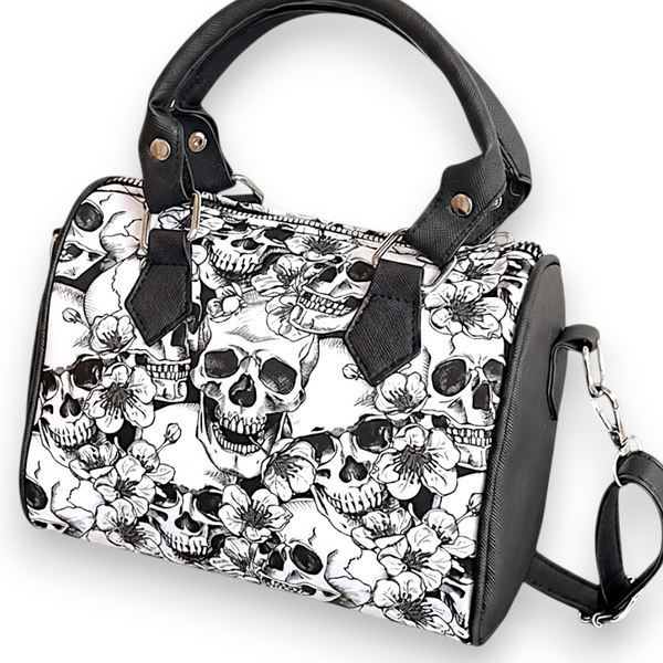 Women's White Skull Floral Boston Handbag Gothic Purse Faux Leather Crossbody