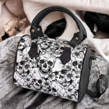 Women's White Skull Floral Boston Handbag Gothic Purse Faux Leather Crossbody