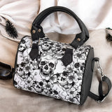 Women's White Skull Floral Boston Handbag Gothic Purse Faux Leather Crossbody