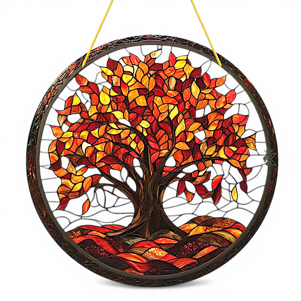 Autumn Tree Suncatcher 8” Faux Stained Glass Fall Leaves Window Hanging Decor