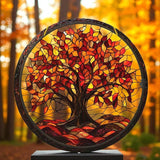 Autumn Tree Suncatcher 8” Faux Stained Glass Fall Leaves Window Hanging Decor