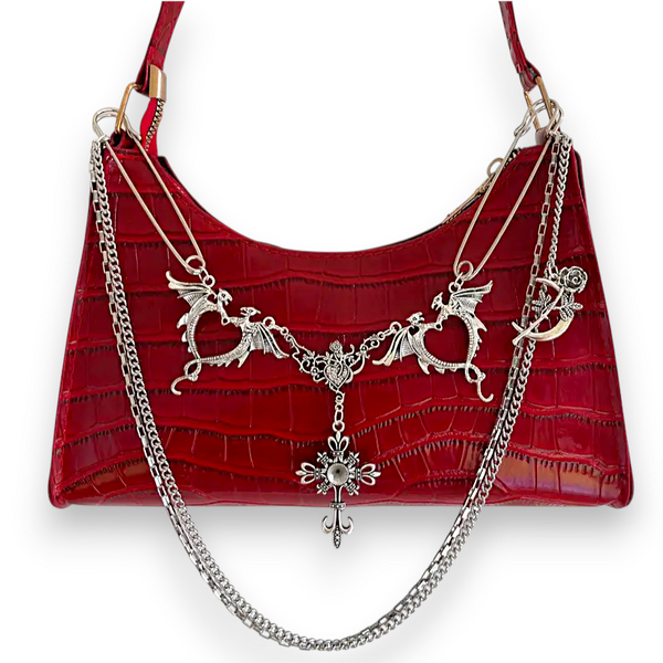 Red Gothic Dragon Chain Shoulder Bag Punk Y2K Croc Purse Alt Crossbody