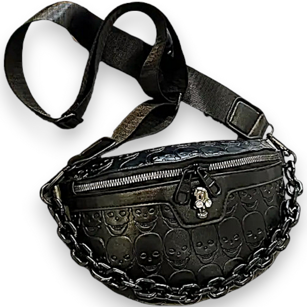 Gothic Black Skull Embossed Crossbody Bag with Chain Strap | Punk Shoulder Purse