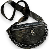 Gothic Black Skull Embossed Crossbody Bag with Chain Strap | Punk Shoulder Purse
