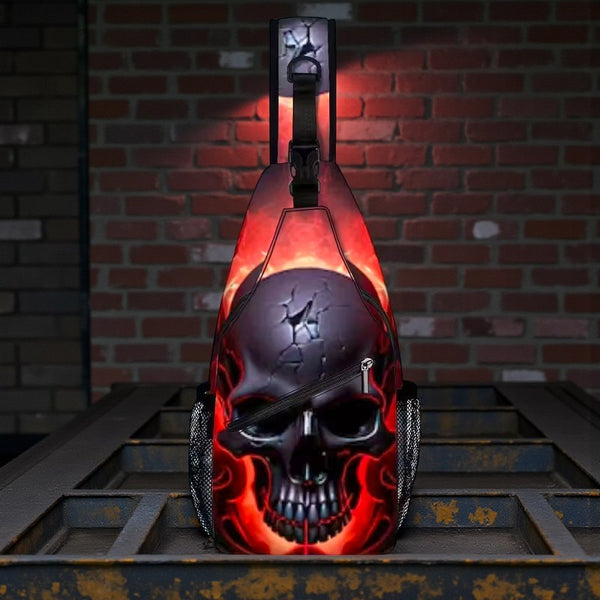 Red Flame Skull Sling Bag 15" Crossbody Chest Backpack with Pockets Gothic Art