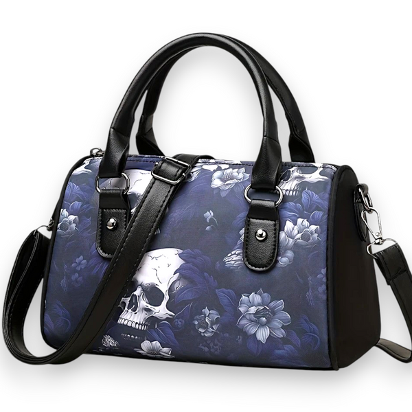Women's Blue Skull Floral Crossbody Handbag Gothic Purse Satchel Shoulder Bag