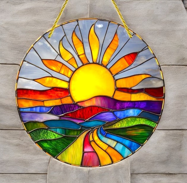 "Sunset Stained Glass-Style Acrylic Suncatcher - 8in Round Scenic Window Decor"