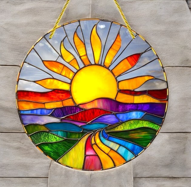 "Sunset Stained Glass-Style Acrylic Suncatcher - 8in Round Scenic Window Decor"