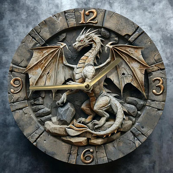 8” Dragon Wall Clock Gothic Fantasy Decor Silent Quartz Wood