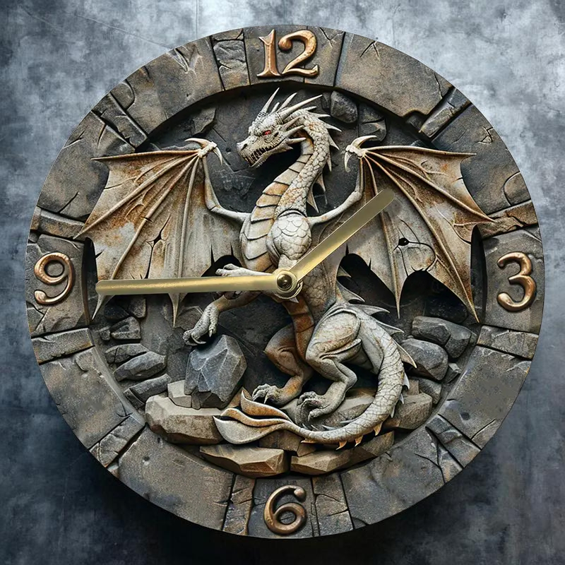 8” Dragon Wall Clock Gothic Fantasy Decor Silent Quartz Wood
