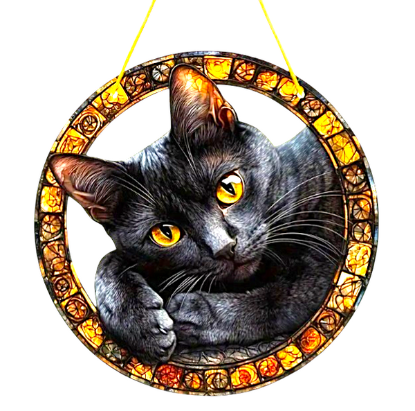 Faux Stained Glass ART Design Black Cat Acrylic Suncatcher – 8in