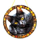 Faux Stained Glass ART Design Black Cat Acrylic Suncatcher – 8in