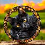 Faux Stained Glass ART Design Black Cat Acrylic Suncatcher – 8in