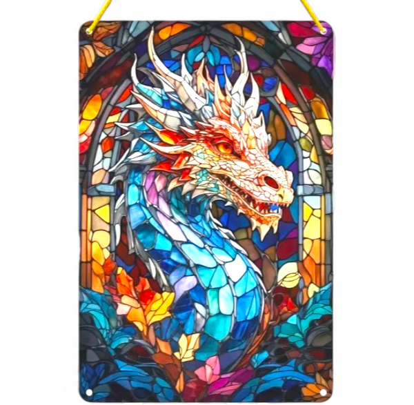 Dragon Suncatcher 12x8" Faux Stained Glass Gothic Fantasy Window Decor