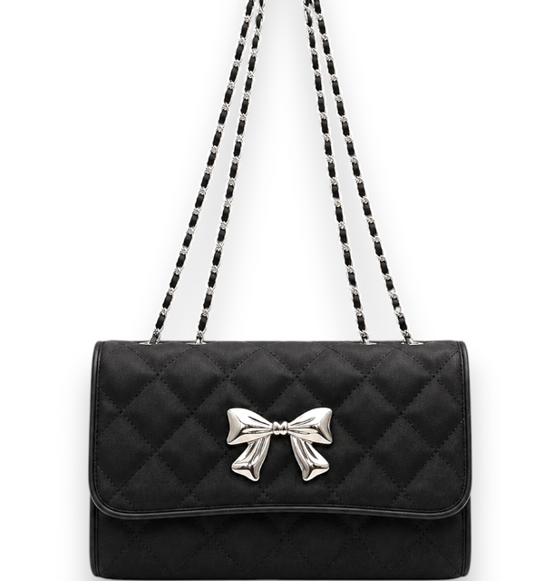Black Quilted Shoulder Bag Silver Bow Chain Strap Y2K Gothic Chic Purse