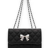 Black Quilted Shoulder Bag Silver Bow Chain Strap Y2K Gothic Chic Purse