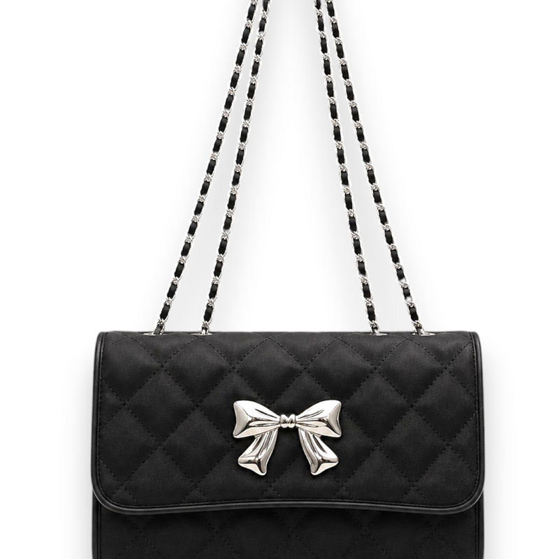 Black Quilted Shoulder Bag Silver Bow Chain Strap Y2K Gothic Chic Purse