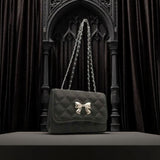 Black Quilted Shoulder Bag Silver Bow Chain Strap Y2K Gothic Chic Purse
