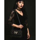 Black Quilted Shoulder Bag Silver Bow Chain Strap Y2K Gothic Chic Purse