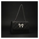 Black Quilted Shoulder Bag Silver Bow Chain Strap Y2K Gothic Chic Purse