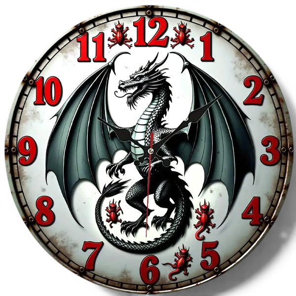Dragon Wall Clock 10 Inch Gothic Fantasy Black Wings Red Numbers Home Decor