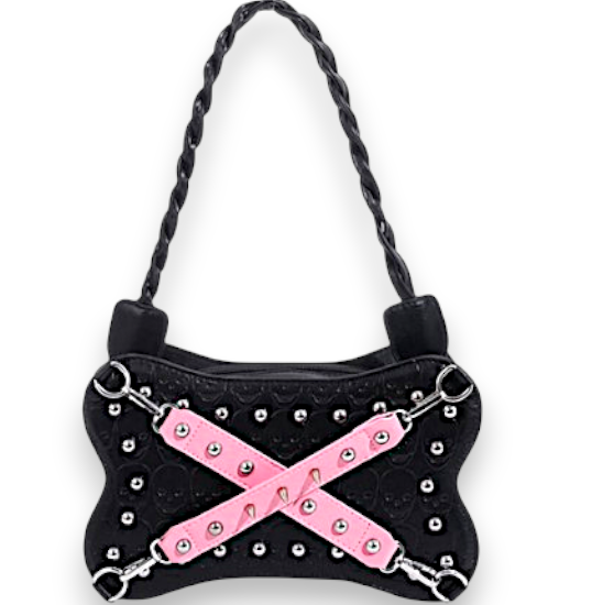 Black Studded Mini Bag Pink Cross Strap Braided Handle Y2K Punk Purse NEW