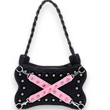 Black Studded Mini Bag Pink Cross Strap Braided Handle Y2K Punk Purse NEW