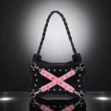 Black Studded Mini Bag Pink Cross Strap Braided Handle Y2K Punk Purse NEW
