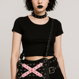 Black Studded Mini Bag Pink Cross Strap Braided Handle Y2K Punk Purse NEW