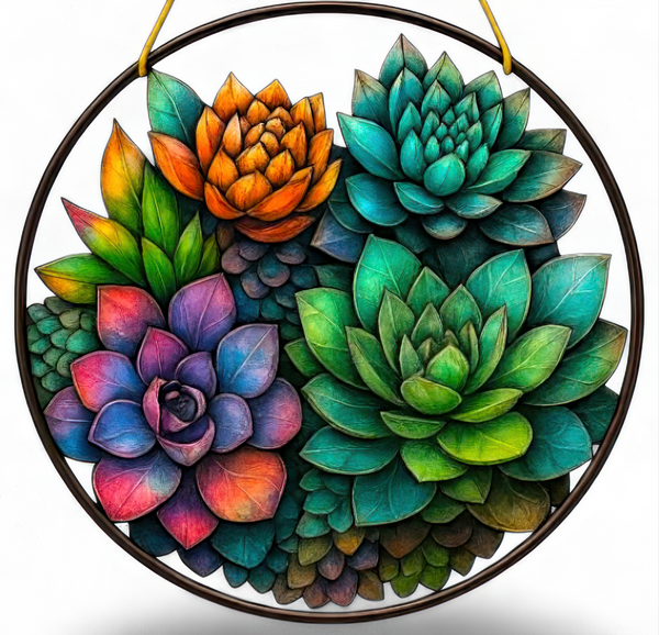 Succulent Suncatcher 8" Window Hanging Decor 2D Flat Acrylic Stained Glass Art