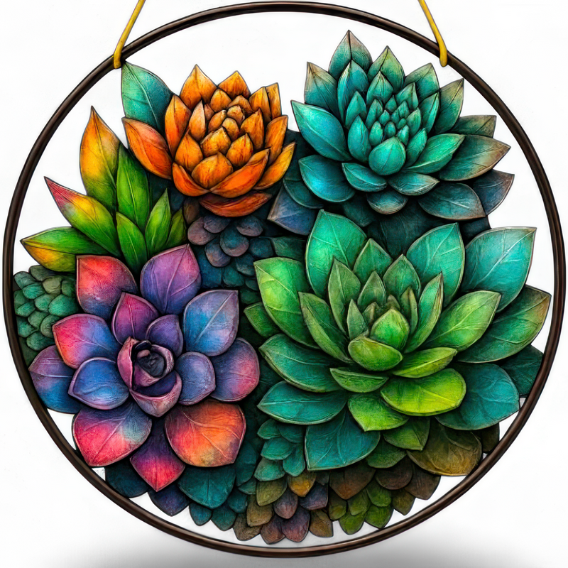 Succulent Suncatcher 8" Window Hanging Decor 2D Flat Acrylic Stained Glass Art