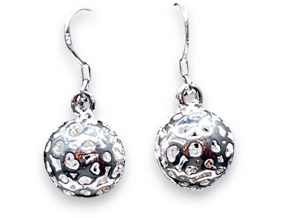 Sterling Silver Textured Ball Dangle Earrings Hammered Sphere Drop 1”