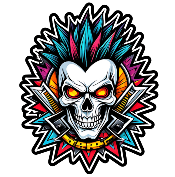 Punk Guitar Skull Sticker 4in | Mohawk Skull BOPP Vinyl | Rock Decal