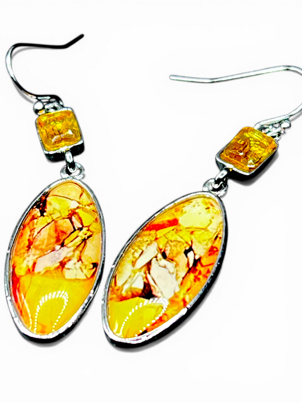 Yellow Glass Teardrop Earrings Silver Tone 2" Dangle Boho Art Style