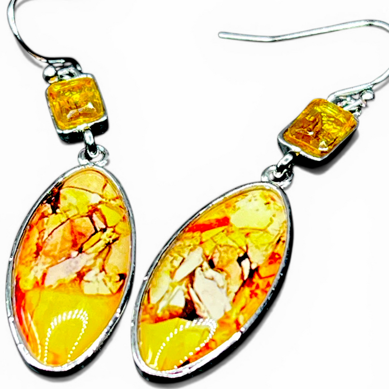 Yellow Glass Teardrop Earrings Silver Tone 2" Dangle Boho Art Style