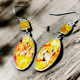Yellow Glass Teardrop Earrings Silver Tone 2" Dangle Boho Art Style