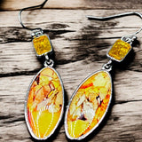 Yellow Glass Teardrop Earrings Silver Tone 2" Dangle Boho Art Style
