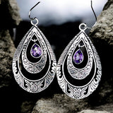 Purple Glass Teardrop Dangle Earrings Silver Tone 2" Boho Celtic Style