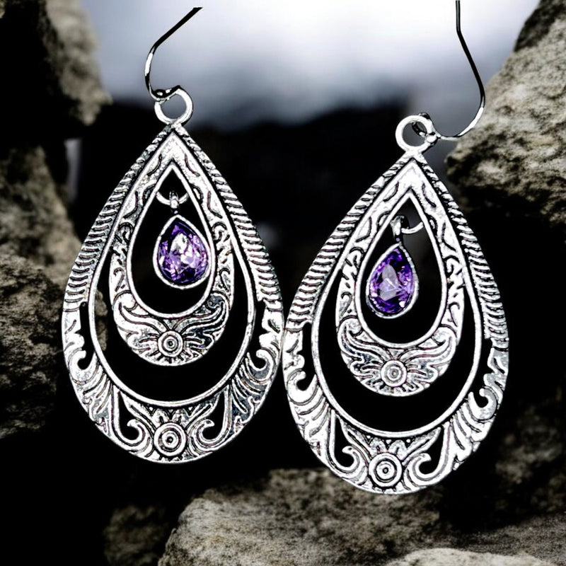 Purple Glass Teardrop Dangle Earrings Silver Tone 2" Boho Celtic Style