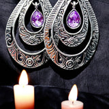 Purple Glass Teardrop Dangle Earrings Silver Tone 2" Boho Celtic Style