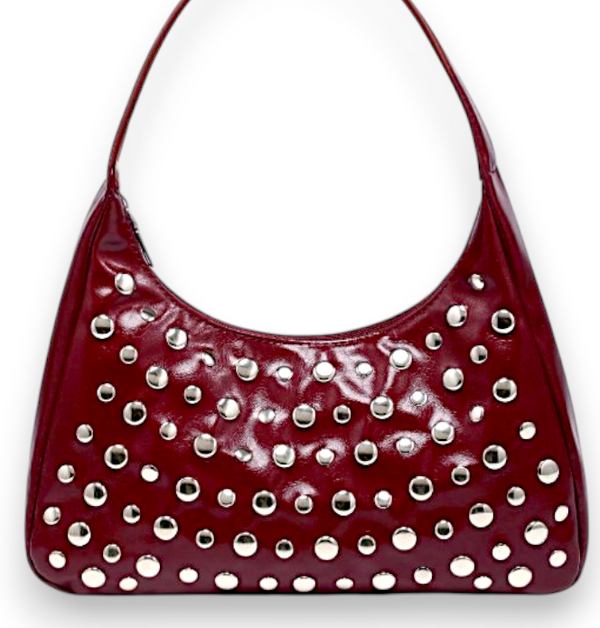Burgundy Red Patent Studded Hobo Shoulder Bag Silver Grommets Y2K Purse NEW