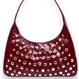Burgundy Red Patent Studded Hobo Shoulder Bag Silver Grommets Y2K Purse NEW
