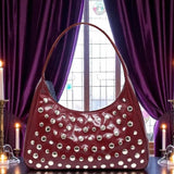 Burgundy Red Patent Studded Hobo Shoulder Bag Silver Grommets Y2K Purse NEW