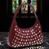Burgundy Red Patent Studded Hobo Shoulder Bag Silver Grommets Y2K Purse NEW