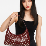 Burgundy Red Patent Studded Hobo Shoulder Bag Silver Grommets Y2K Purse NEW