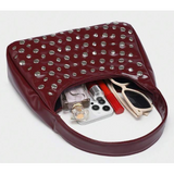 Burgundy Red Patent Studded Hobo Shoulder Bag Silver Grommets Y2K Purse NEW