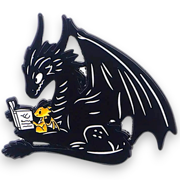 Dragon Reading Book Enamel Pin Gothic Fantasy Cute Black Dragon Badge