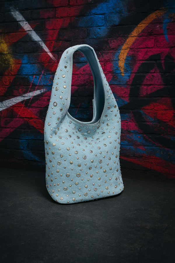 Women’s Rivet Bucket Bag Denim Shoulder Hobo Large Capacity Soft Sequin Purse