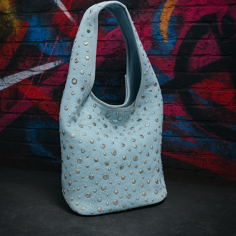 Women’s Rivet Bucket Bag Denim Shoulder Hobo Large Capacity Soft Sequin Purse